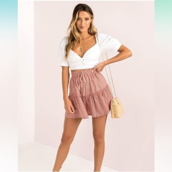 Pink White Dot elastic Waist Lightweight Mini Skirt sz Medium - Picture 2 of 11